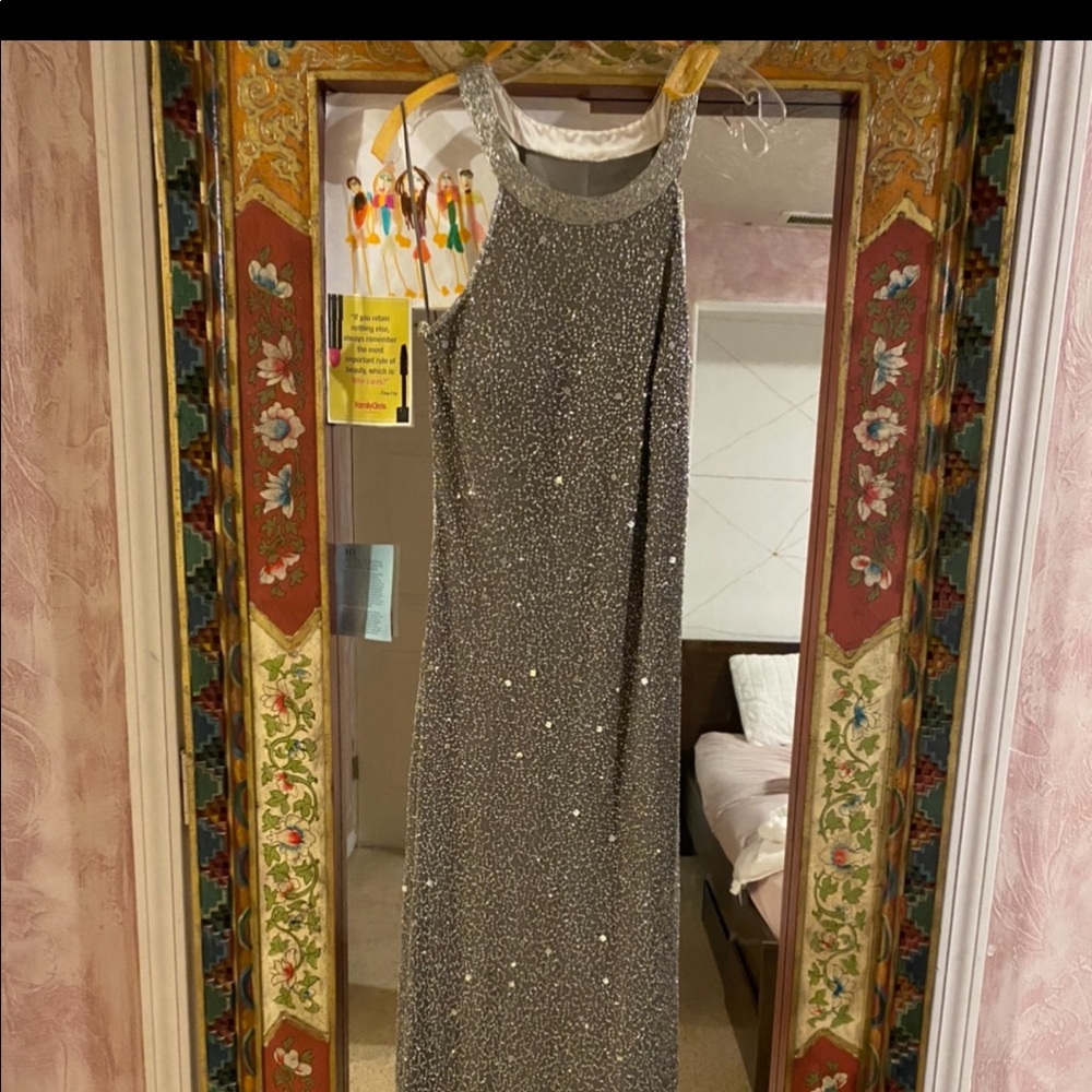Gray sparkly long Adrianna Papell beaded gown